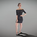 Woman In Off The Shoulder Black Dress Standing With High Heels On Gray Background