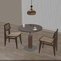 Dark Wooden Round Negotiation Table and Chairs with Woven Seats Pendant Light and Wooden Floor