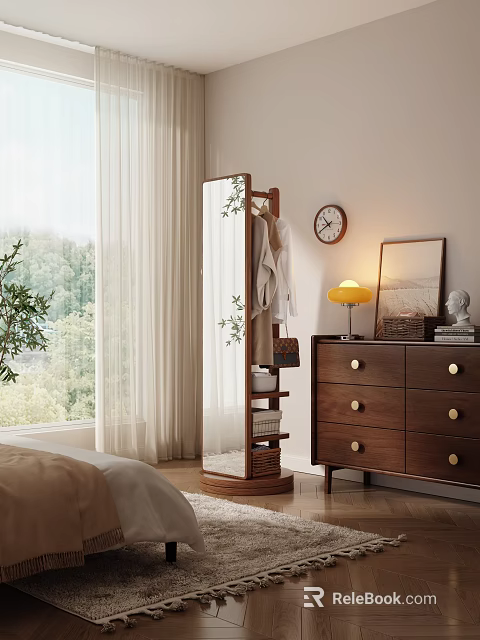 Modern Wooden Hanger with Plant Decor in Cozy Room with Drawer Chest and Table Lamp 3d model 
