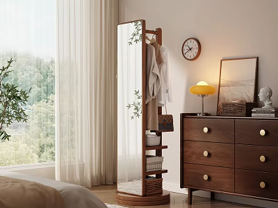 Modern Wooden Hanger with Plant Decor in Cozy Room with Drawer Chest and Table Lamp 3d model