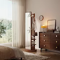 Modern Wooden Hanger with Plant Decor in Cozy Room with Drawer Chest and Table Lamp
