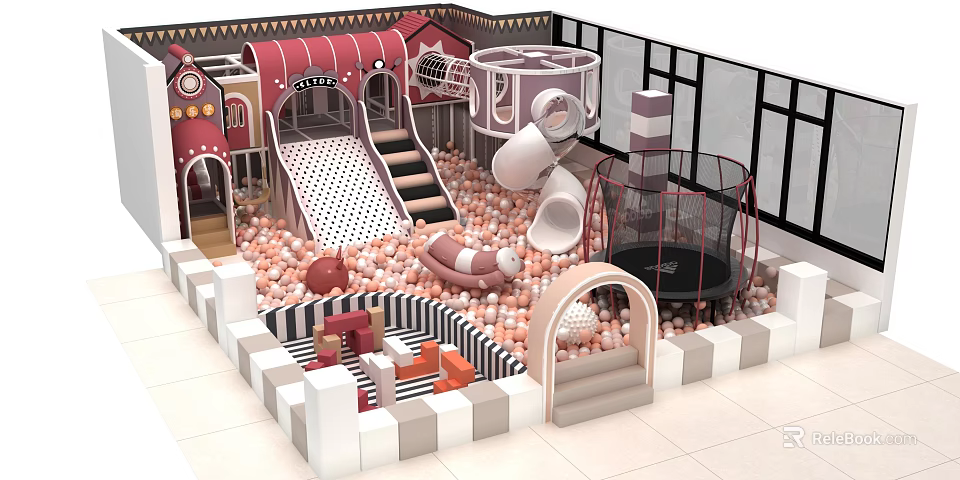 Indoor Playground Equipment With Ball Pool Slides And Trampoline 3d model 