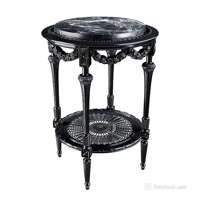 Classic Side Table With Marble Top Carved Black Legs And Decorative Lower Storage Shelf 3d model 