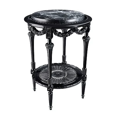 Classic Side Table With Marble Top Carved Black Legs And Decorative Lower Storage Shelf 3d model