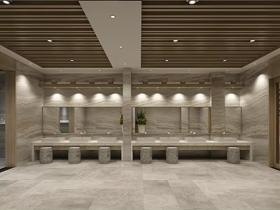 Modern Spacious Public Bathroom With Marble Finishes Multiple Sinks And Elegant Wood Ceiling Design 3d model