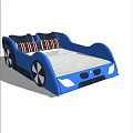 Kids Car Shaped Blue Children Bed With Black Wheel Design And Checkered Pillows