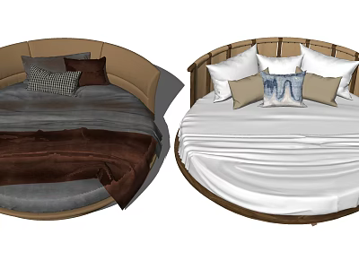 Round Bed Interior Design With White And Brown Bedding And Pillows 3d model