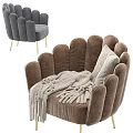 Brown Velvet Single Sofa with Petal Shaped Backrest Golden Metal Legs Herringbone Pillow and Blanket