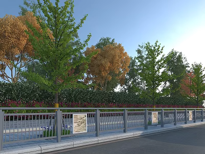 Decorative Metal Fence With Stone Pillars Along Roadside Trees And Green Belt 3d model