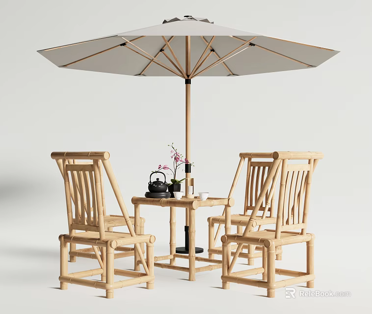 Outdoor Wooden Table with Matching Chairs and Parasol for Garden Patio Seating 3d model 