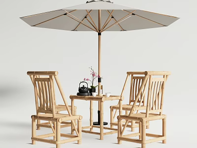 Outdoor Wooden Table with Matching Chairs and Parasol for Garden Patio Seating 3d model