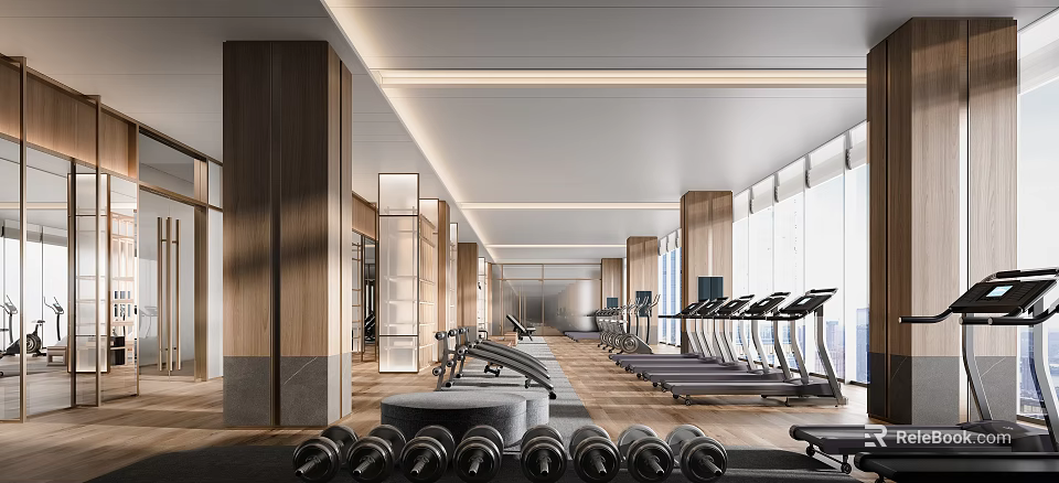 Spacious Modern Fitness Gym Interior With Wooden Pillars Large Windows Treadmills And Dumbbells 3d model 