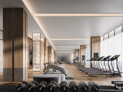 Spacious Modern Fitness Gym Interior With Wooden Pillars Large Windows Treadmills And Dumbbells 3d model