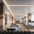 Spacious Modern Fitness Gym Interior With Wooden Pillars Large Windows Treadmills And Dumbbells