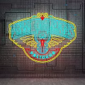 Colorful Neon Style Decorative Lighting with Yellow Red Winged Emblem and Grid Background