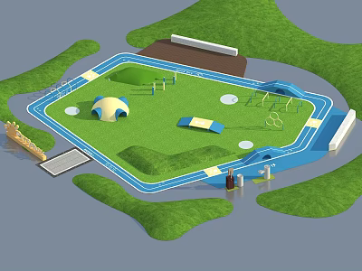 Garden Landscape With Children's Playground Green Lawn Blue Border Play Equipment Dome Tent And Slide 3d model