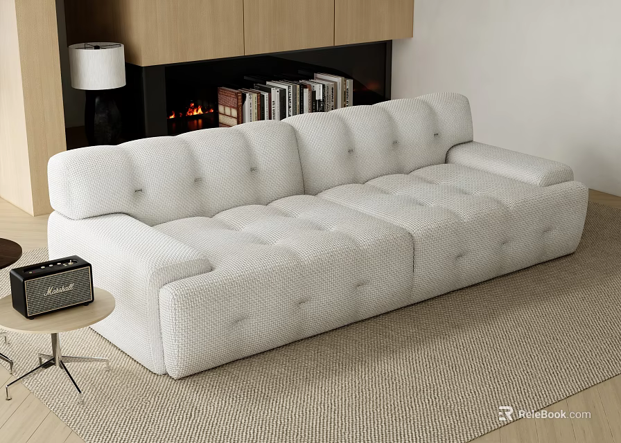 Modern White Tufted Fabric Multi Seat Sofa In Living Room With Fireplace And Bookshelf 3d model 