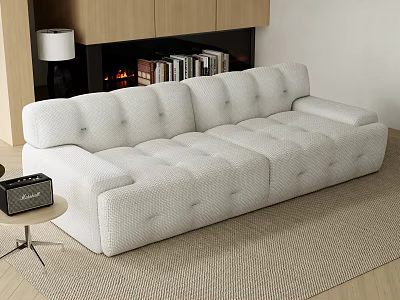 Modern White Tufted Fabric Multi Seat Sofa In Living Room With Fireplace And Bookshelf 3d model