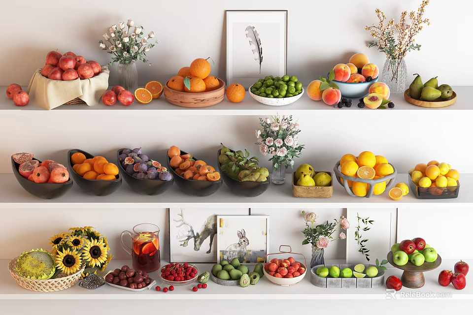 Assorted Fresh Fruits Display On Shelves With Bowls Of Oranges Apples Peaches And Berries 3d model 