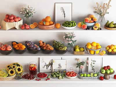 Assorted Fresh Fruits Display On Shelves With Bowls Of Oranges Apples Peaches And Berries 3d model