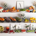 Assorted Fresh Fruits Display On Shelves With Bowls Of Oranges Apples Peaches And Berries