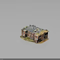 Vintage Red Brick Architectural Model Building With Gray Roof Chimneys And Small Green Plants