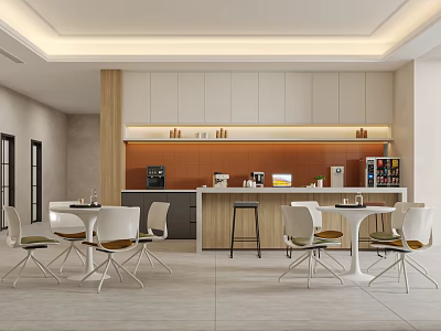 Modern Open Tea Room With White Tables Chairs Wooden Cabinets Coffee Machine And Beverage Dispenser 3d model