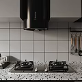 Modern Kitchen Interior With White Cabinets Tile Backsplash Black Appliances And Wooden Flooring