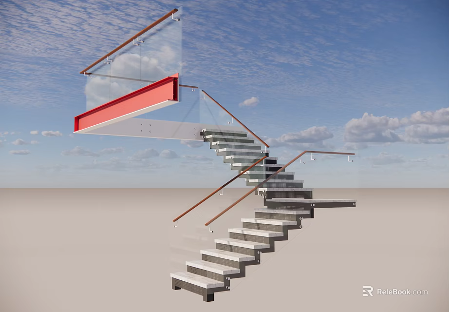 Modern Glass Staircase With Transparent Steps Red Accent Railing Against Open Sky Background 3d model