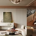 Modern Luxury Living Room Interior With Sofa Chair Carpet Fireplace Wall Art And Moon Chandelier
