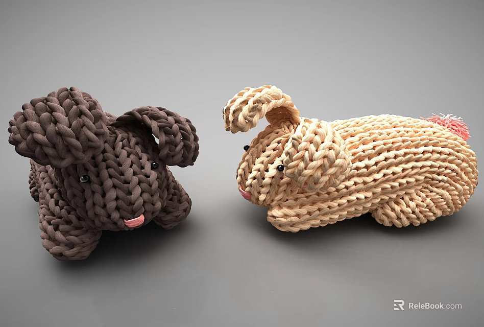 Two Cute Knitted Rabbit Dolls In Dark Brown And Beige With Pink Noses 3d model 