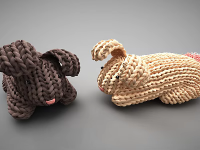 Two Cute Knitted Rabbit Dolls In Dark Brown And Beige With Pink Noses 3d model