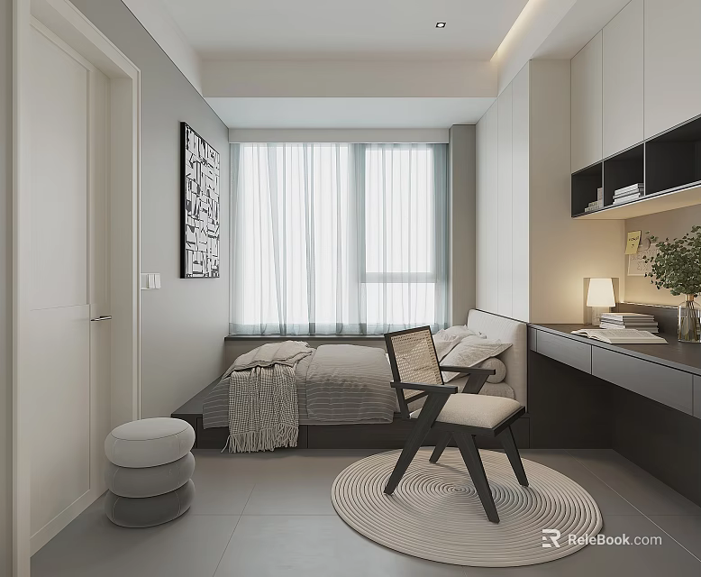 Modern Tatami Bedroom Interior With Tatami Bed Sheer Curtains Desk Accent Chair And Wall Art 3d model 