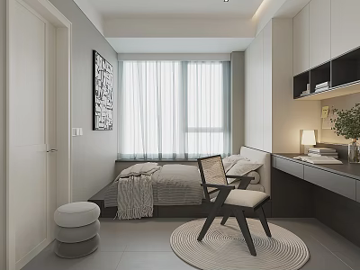 Modern Tatami Bedroom Interior With Tatami Bed Sheer Curtains Desk Accent Chair And Wall Art 3d model
