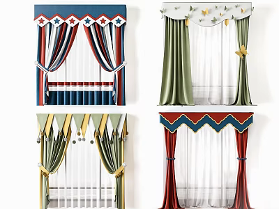 Colorful Curtains With Star Patterns Striped Details And Fringe Trims For Home Interior 3d model