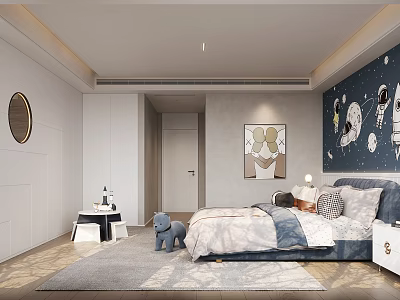 Modern Kids Room Interior With Gray Walls Blue Starry Wallpaper Bed And Stuffed Toy 3d model