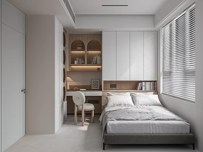 Minimalist Tatami Bedroom Interior With Tatami Bed Built in Storage Cabinets Desk And Window Blinds 3d model