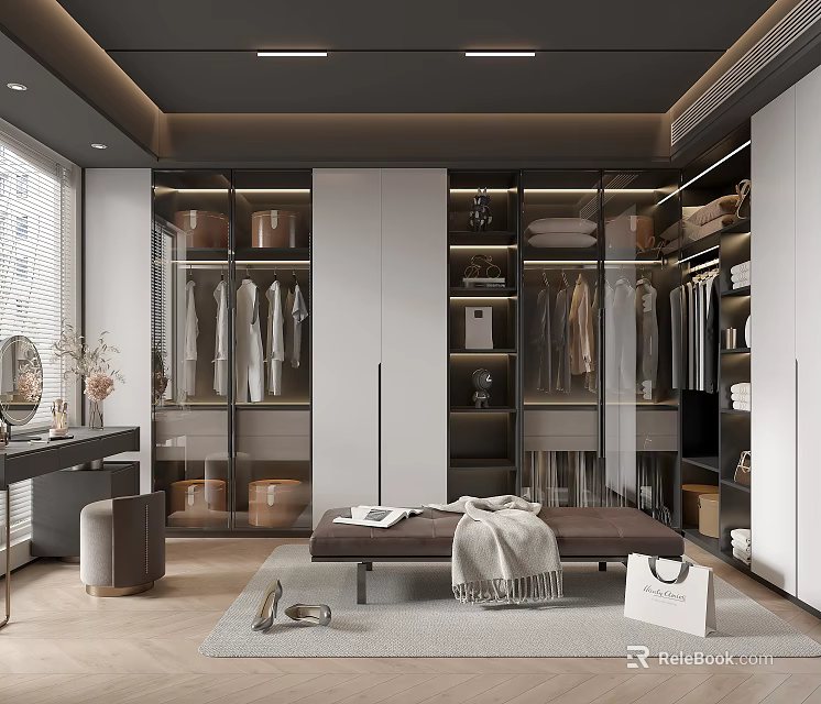 Modern Walk-in Closet Interior With Glass Door Cabinets Bench And Storage Solutions 3d model 