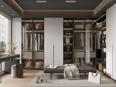 Modern Walk-in Closet Interior With Glass Door Cabinets Bench And Storage Solutions 3d model