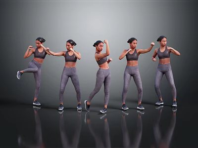 Woman Performing Various Fitness Poses in Sportswear Against Gray Background With Reflective Floor 3d model