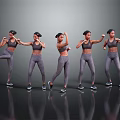 Woman Performing Various Fitness Poses in Sportswear Against Gray Background With Reflective Floor