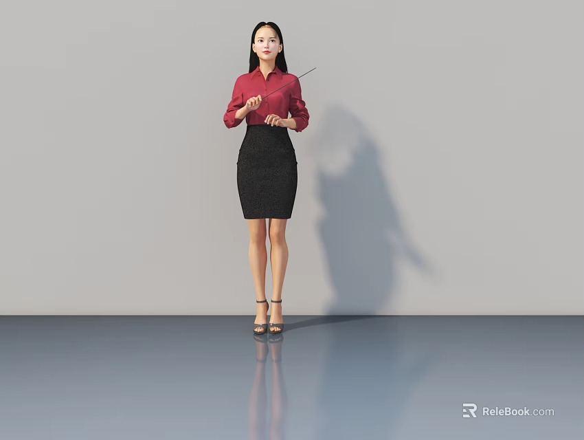 Woman in Red Shirt and Black Skirt Pointing with Pointer on Gray Background Shiny Floor 3d model 