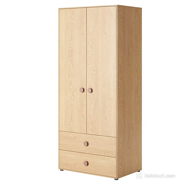 Light Wooden Modern Simple Design Wardrobe With Double Doors Two Drawers And Round Knobs 3d model