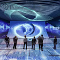 People Watching Digital Twin Technology Display On Large Interactive Screen With Light Effects 3d model