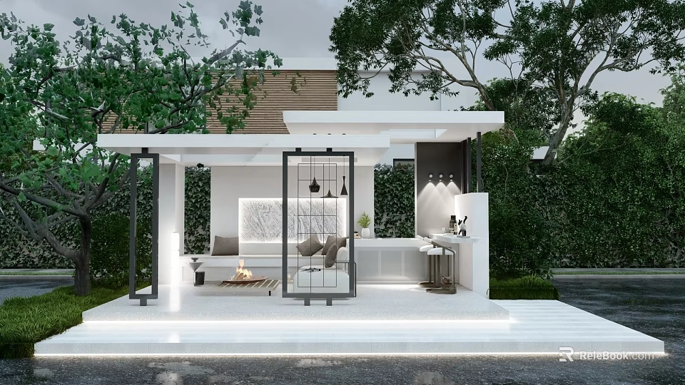 Modern Garden Landscape With Outdoor Pavilion Green Plants And Cozy Seating Area 3d model 
