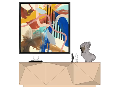 Modern Abstract Painting Above Geometric TV Stand With Sculpture Figurine And Cup 3d model