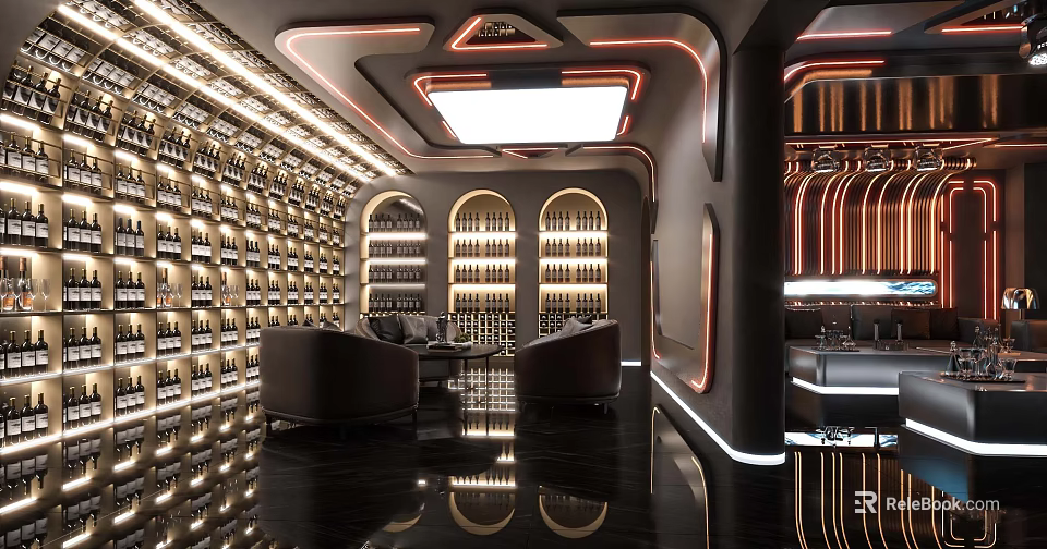 Modern KTV Interior Design With Neon Lighting Wine Racks Leather Sofas And Bar Counter 3d model 