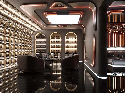 Modern KTV Interior Design With Neon Lighting Wine Racks Leather Sofas And Bar Counter 3d model