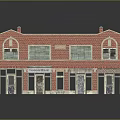 Red Brick Commercial Building With Multiple Storefronts Arched Windows And Flat Roof 3d model