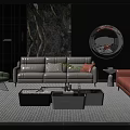Modern Stylish Sofa Coffee Table Set With Multi Colored Sofas Marble Wall Art And Round Mirror 3d model